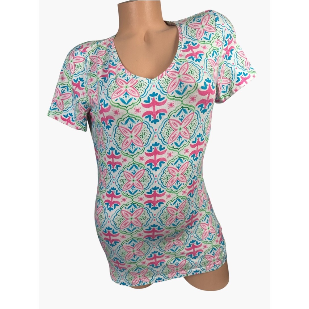 Talbots Tee XS Womens Colorful Short Sleeve Round Neck Stretch Cotton Blend Boho